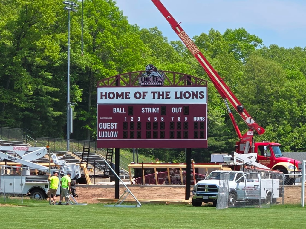 A new scoreboard is installed at the new Ludlow High School athletic complex. (Photo Courtesy Ludlow Public Schools)